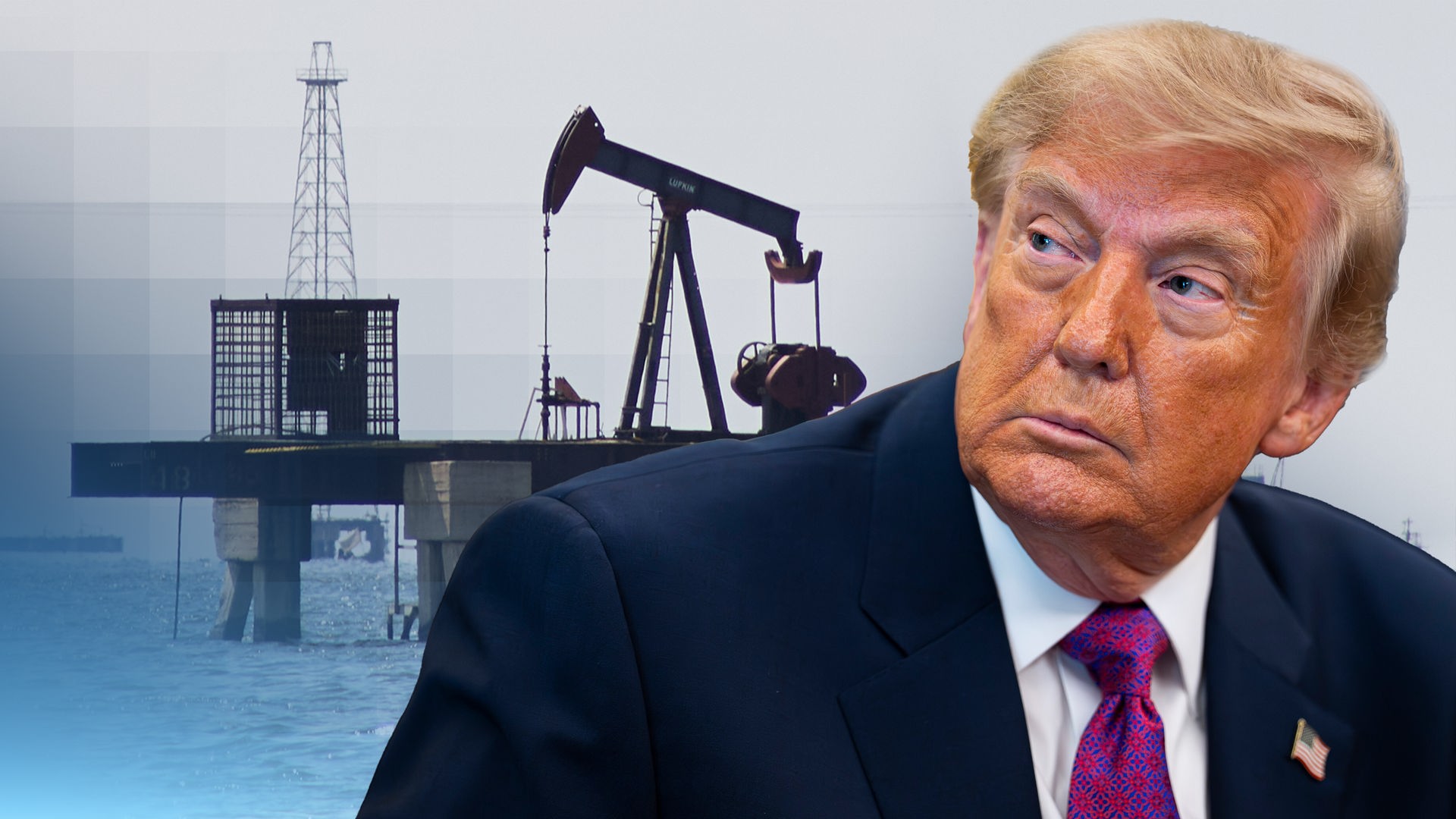 US-Präsident Donald Trump vom Oberkörper aufwärts vor einer Erdölraffinerie im Meer.
