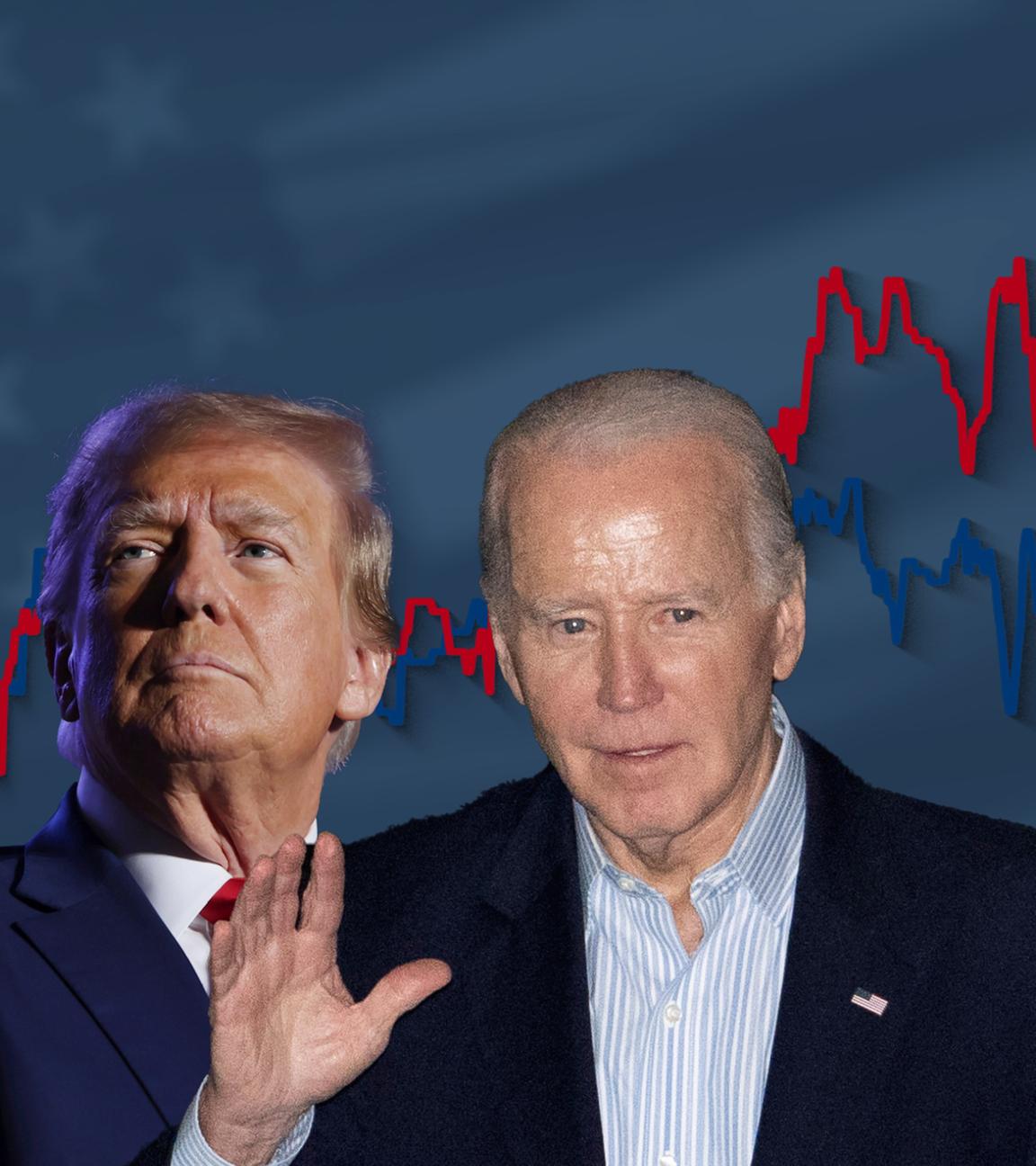 Donald Trump und Joe Biden, dahinter ein Liniendiagramm mit ihren Umfragewerten