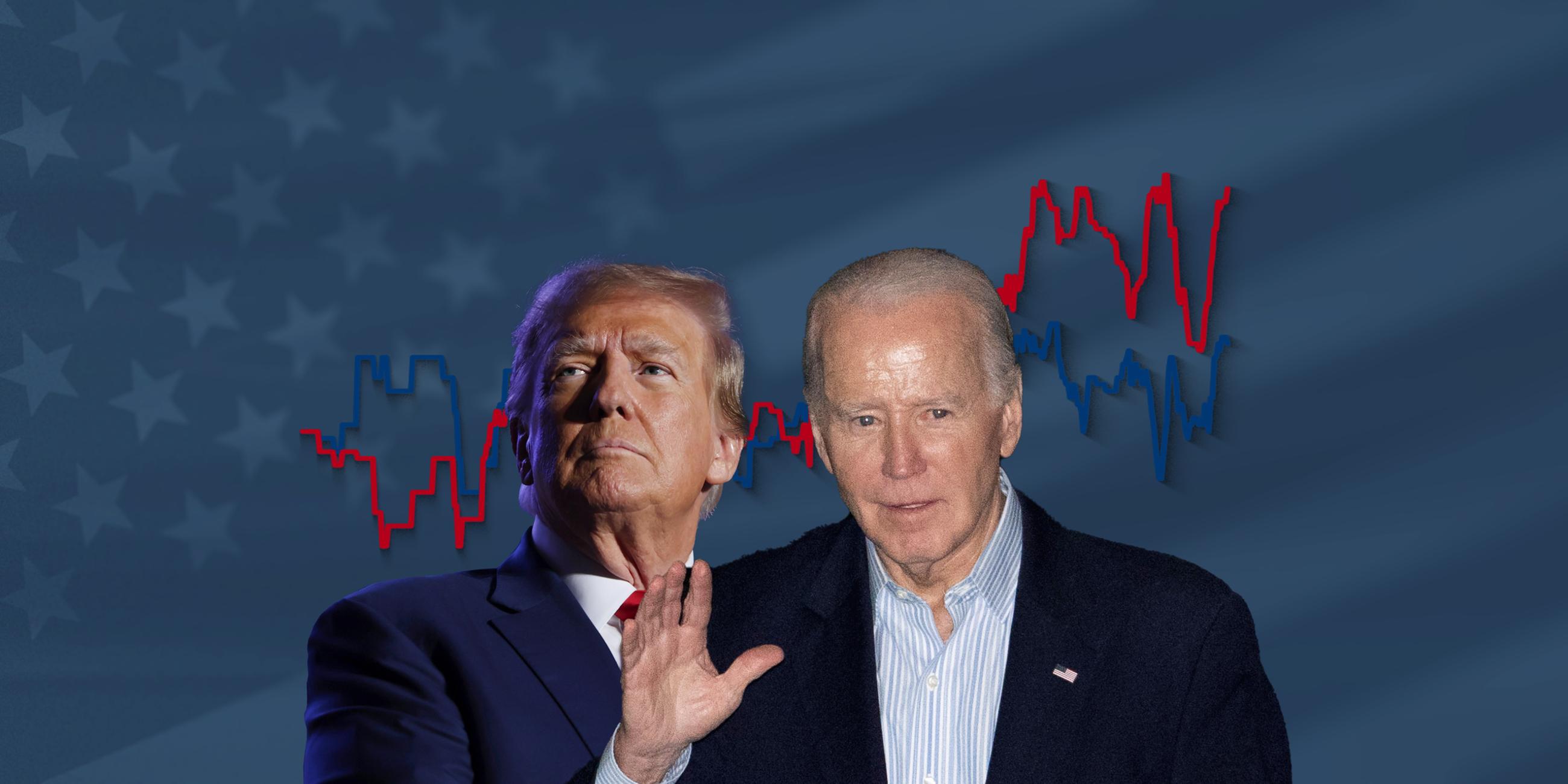 Donald Trump und Joe Biden, dahinter ein Liniendiagramm mit ihren Umfragewerten