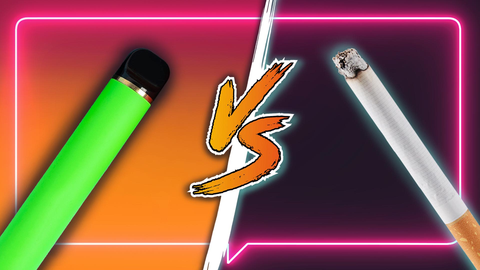 Links im Bild eine grüne E-Zigarette und rechts eine normale Zigarette. In der Mitte befindet sich die Aufschrift Versus.