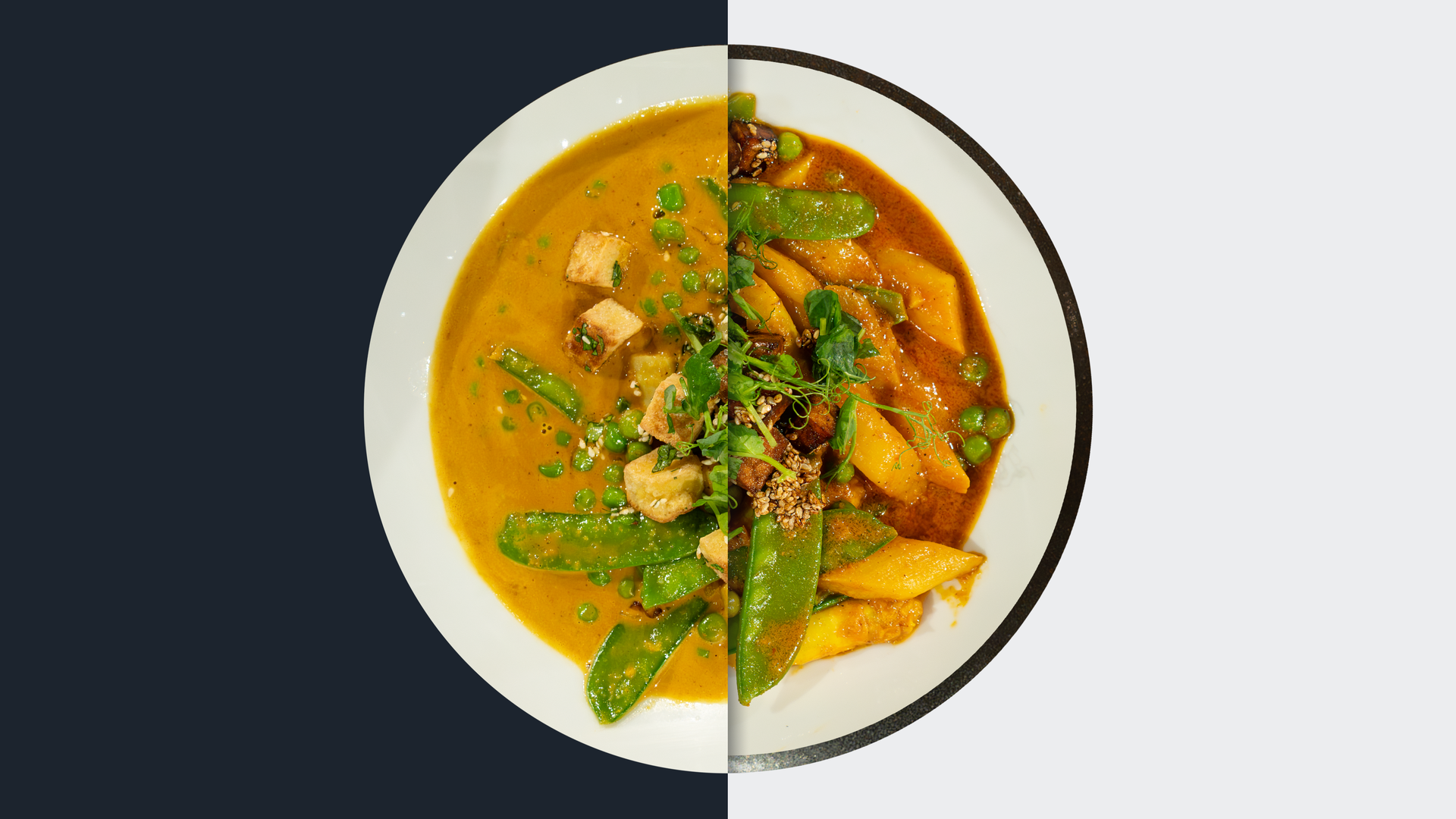 Veganes Spargel-Erbsen-Curry mit gebratenem Tofu und Kürbiskerntaler