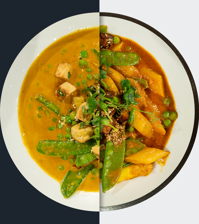 Veganes Spargel-Erbsen-Curry mit gebratenem Tofu und Kürbiskerntaler