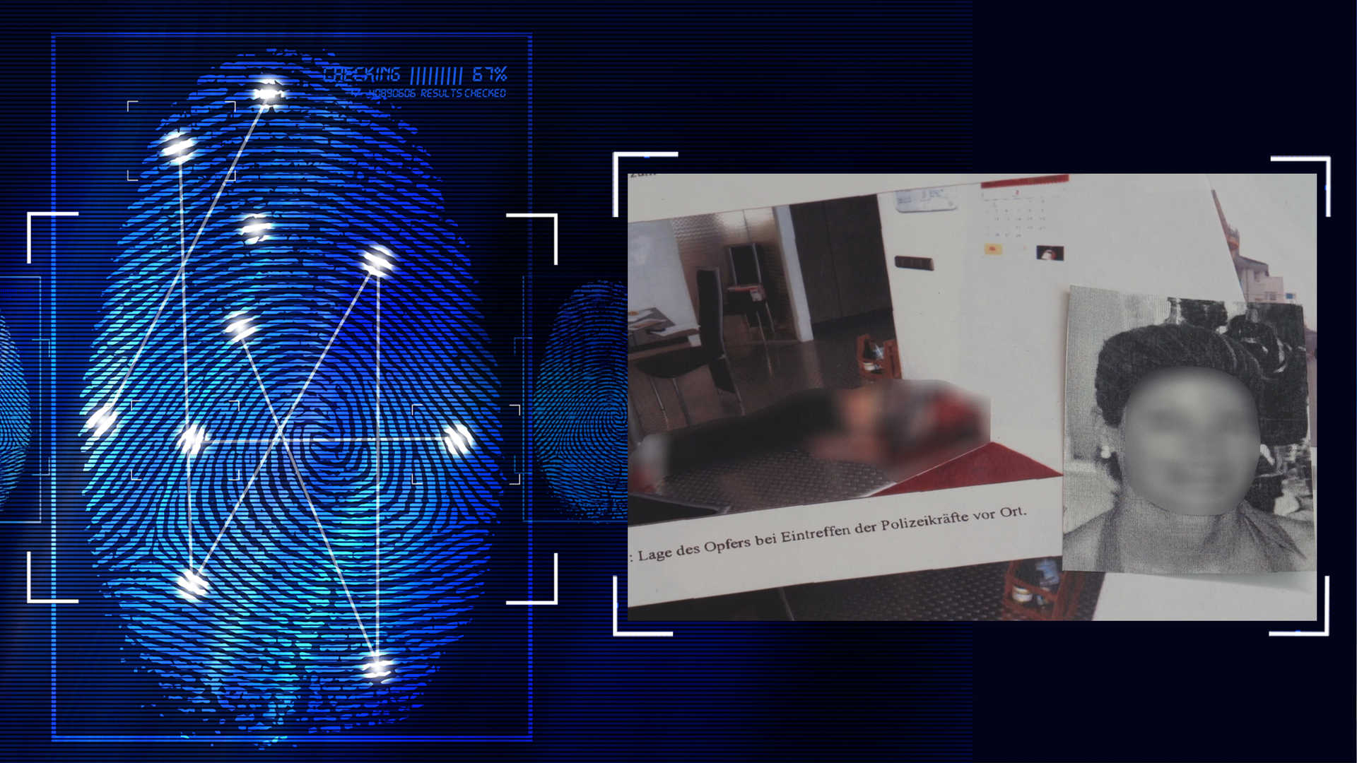 Collage aus zwei Fotos aus der Ermittlungsakte der Polizei. Auf dem einen Bild liegt eine Leiche am Boden (technisch verfremdet). Auf dem anderen Bild ist das Portrait einer Frau abgebildet. Das Gesicht wurde ebenfalls technisch verfremdet. Links daneben: Lichtschematische Darstellung eines Fingerabdrucks
