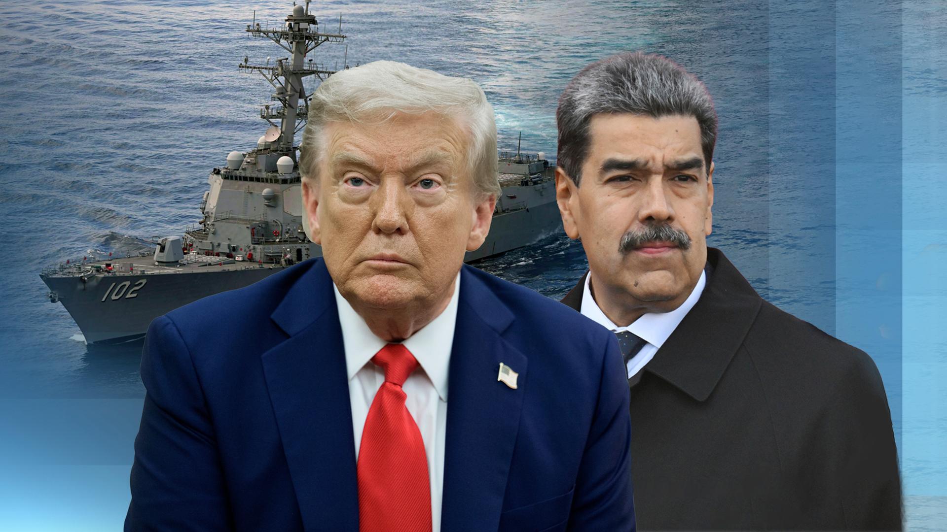 US-Präsident Donald Trump und Venezuelas Präsident Nicolás Maduro sind vor einem Kriegsschiff abgebildet. 