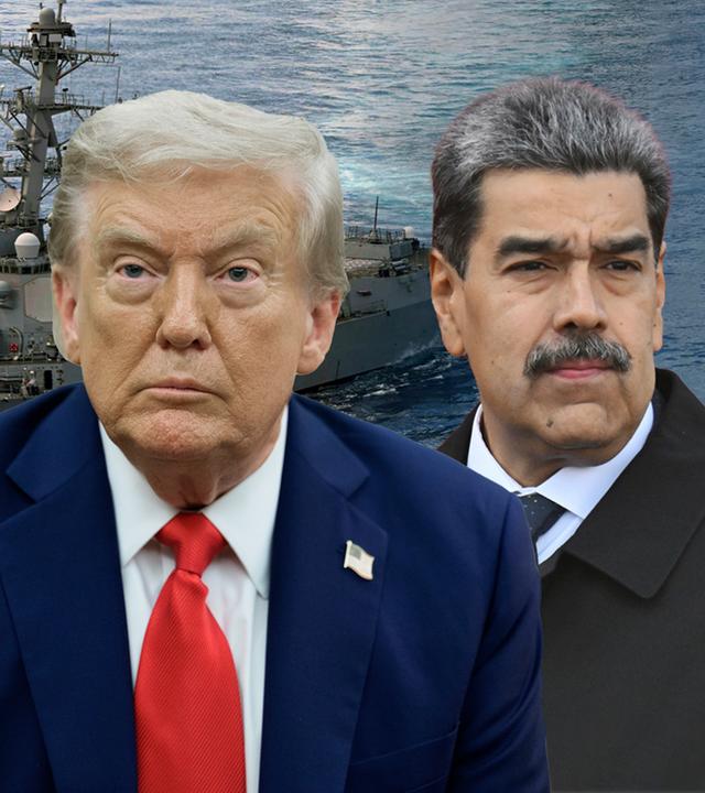 US-Präsident Donald Trump und Venezuelas Präsident Nicolás Maduro sind vor einem Kriegsschiff abgebildet. 