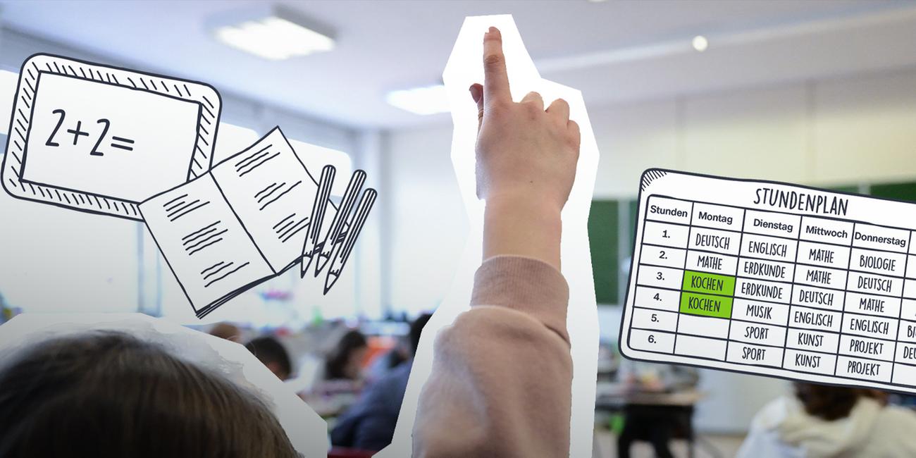 Meldende Hand; Tafelrechner; Stundenplan; Heft und Stift