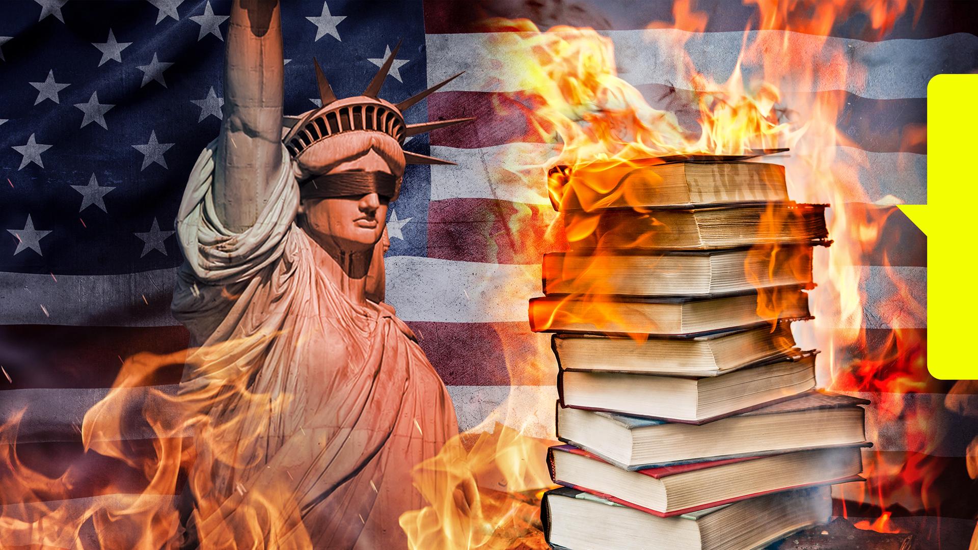 Ein brennender Bücherstapel vor der Freiheitsstatue mit verbundenen Augen.