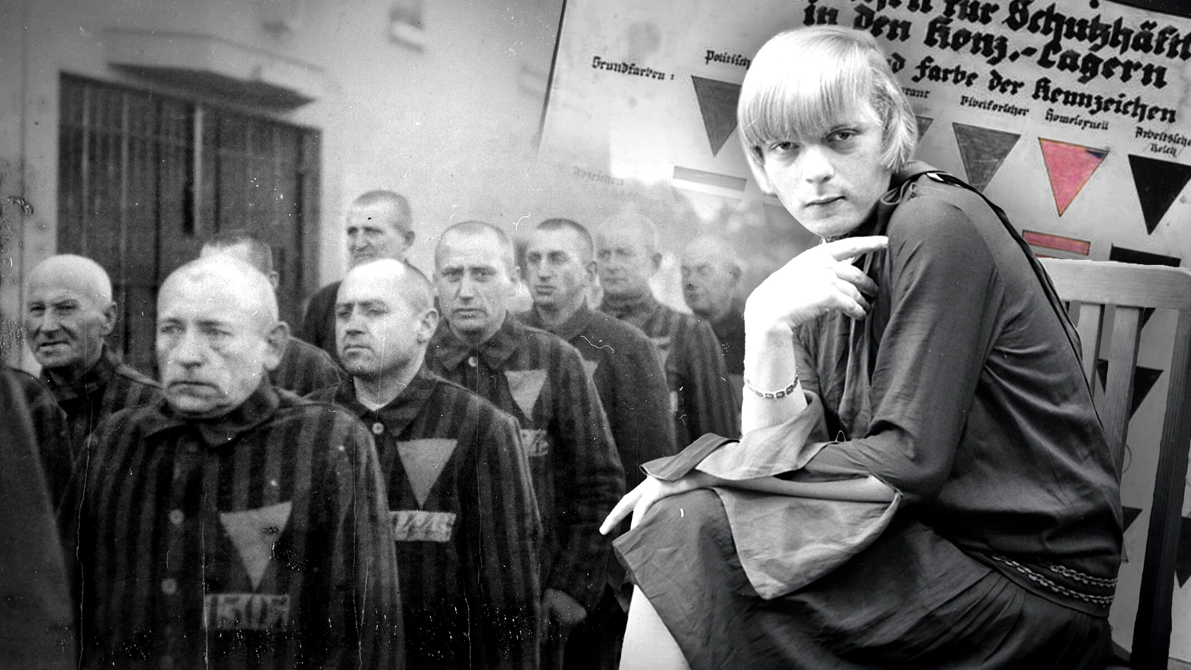 Transfrau Liddy Bacroff im Vordergrund. Im Hintergrund links Gefangene im Konzentrationslager Sachsenhausen; rechts eine Tafel mit KZ-Kennzeichen.