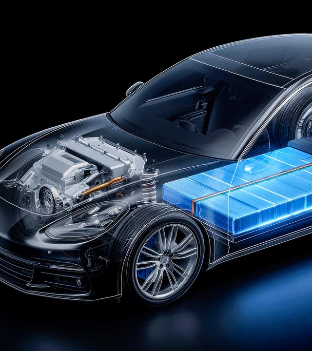 Grafik: Elektroauto mit blauen Batterien