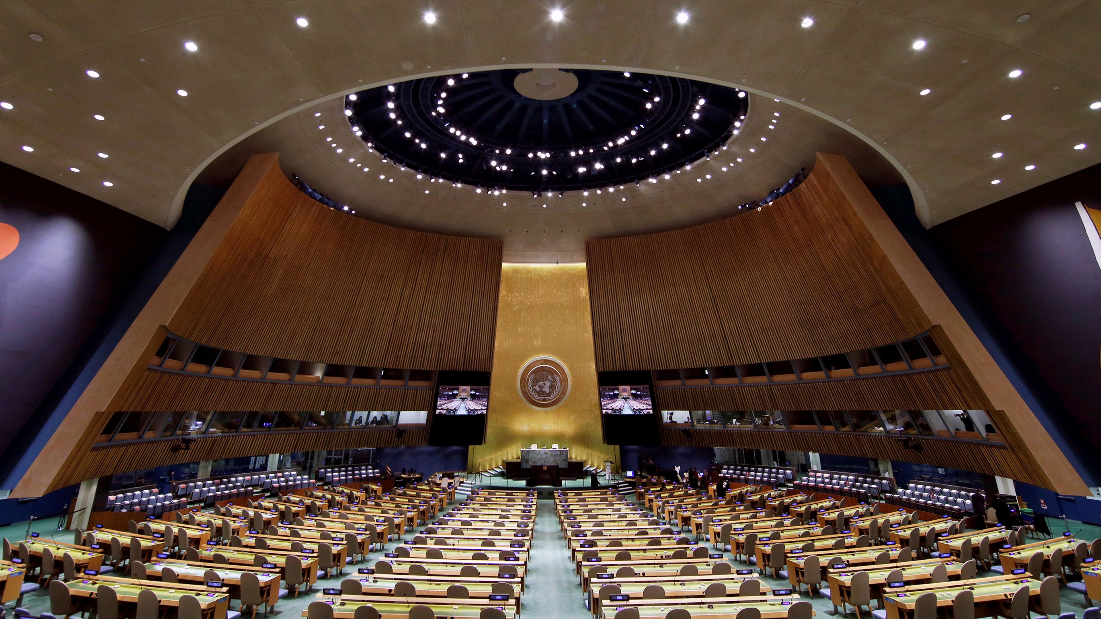 Der leere Versammlungssaal der Vereinten Nationen vor Beginn der Generaldebatte.