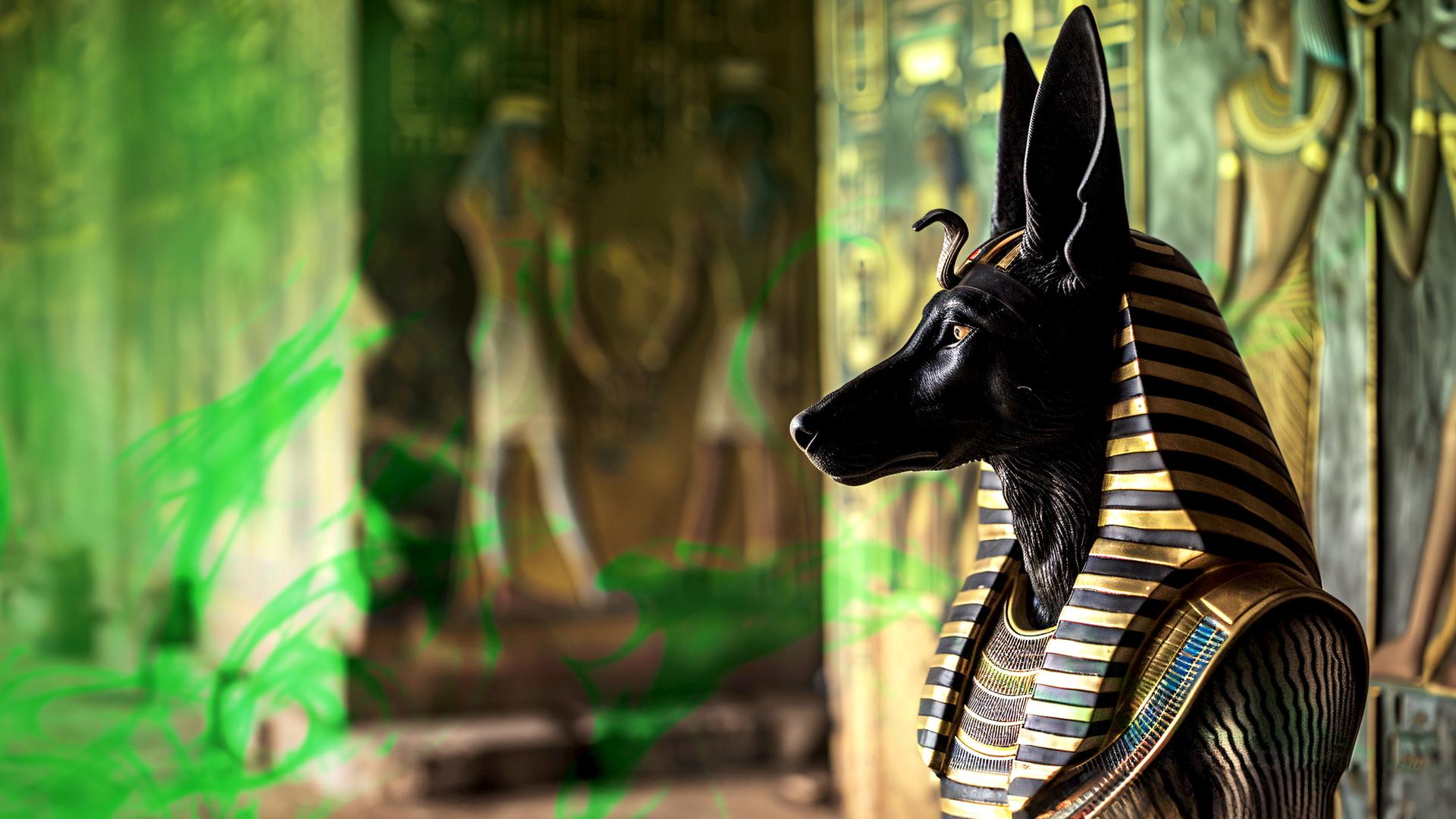 Montage: Der Totengott Anubis steht vor dem Eingang einer altägyptischen Tempelanlage.