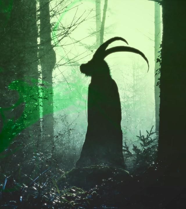 Montage: Die Silhouette einer Tiergestalt, die mit behaartem Kopf und langen Hörnern in einem düsteren, nebligen Wald steht; an der Seite befinden sich grüne, graphische Elemente.