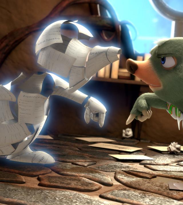 Maulwurf Moley steht mit verärgerter Miene in seinem Zimmer. Ihm gegenüber steht eine Silhouette geformt aus Papierblättern, die ihm ähnlich sieht. Sie zeigt genau die Pose, die er selbst einnimmt.