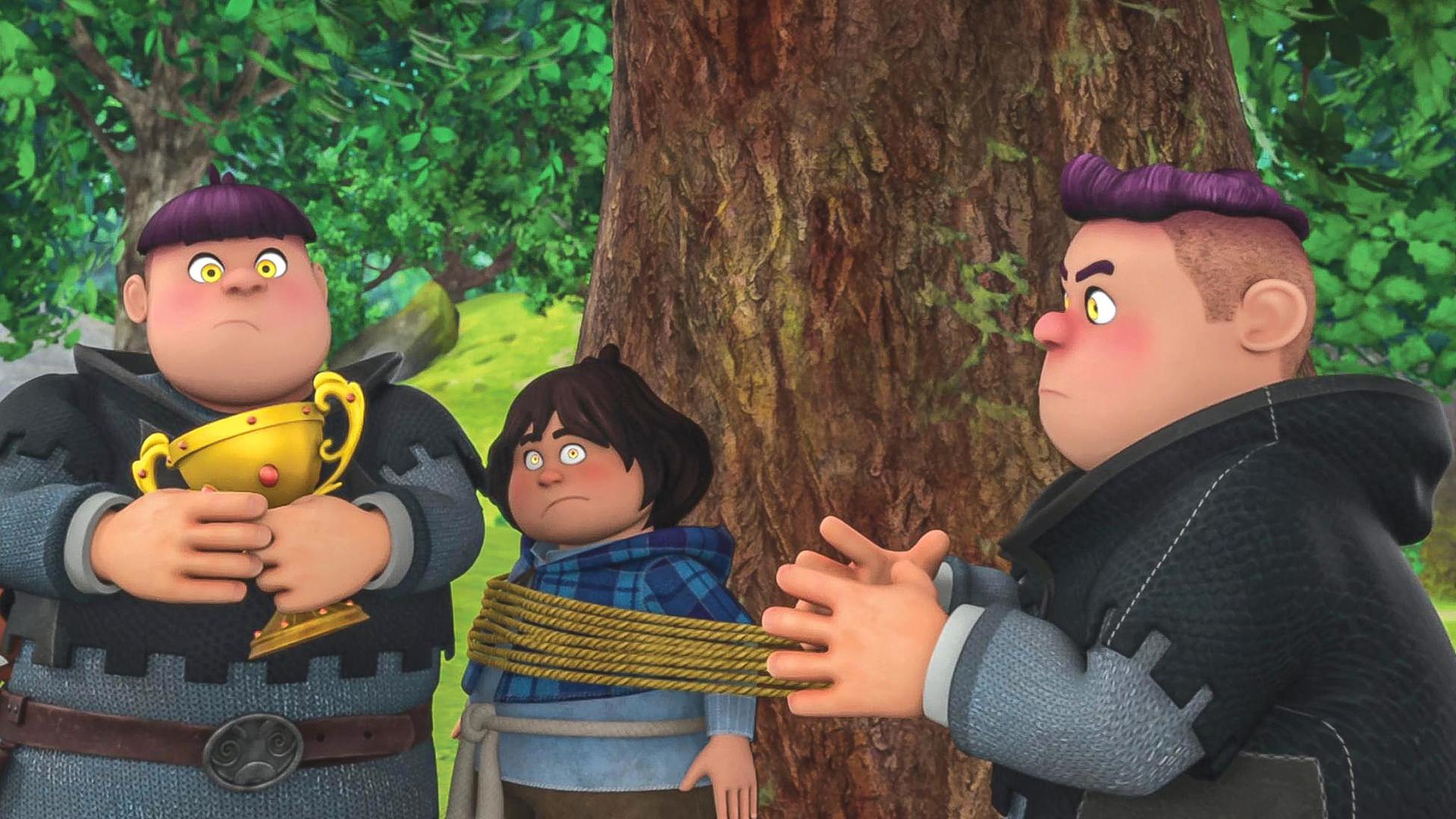 Rolf hält den Pokal in der Hand. Rolf steht rechts und greift nach dem Pokal. Zwischen ihnen ist Tuck an einen Baum gefesselt. Alle drei haben gelbe Augen.