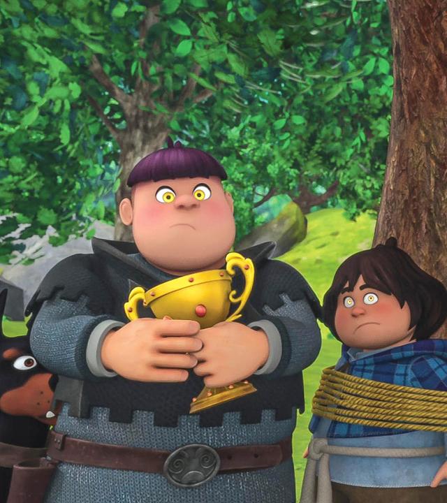 Rolf hält den Pokal in der Hand. Rolf steht rechts und greift nach dem Pokal. Zwischen ihnen ist Tuck an einen Baum gefesselt. Alle drei haben gelbe Augen.