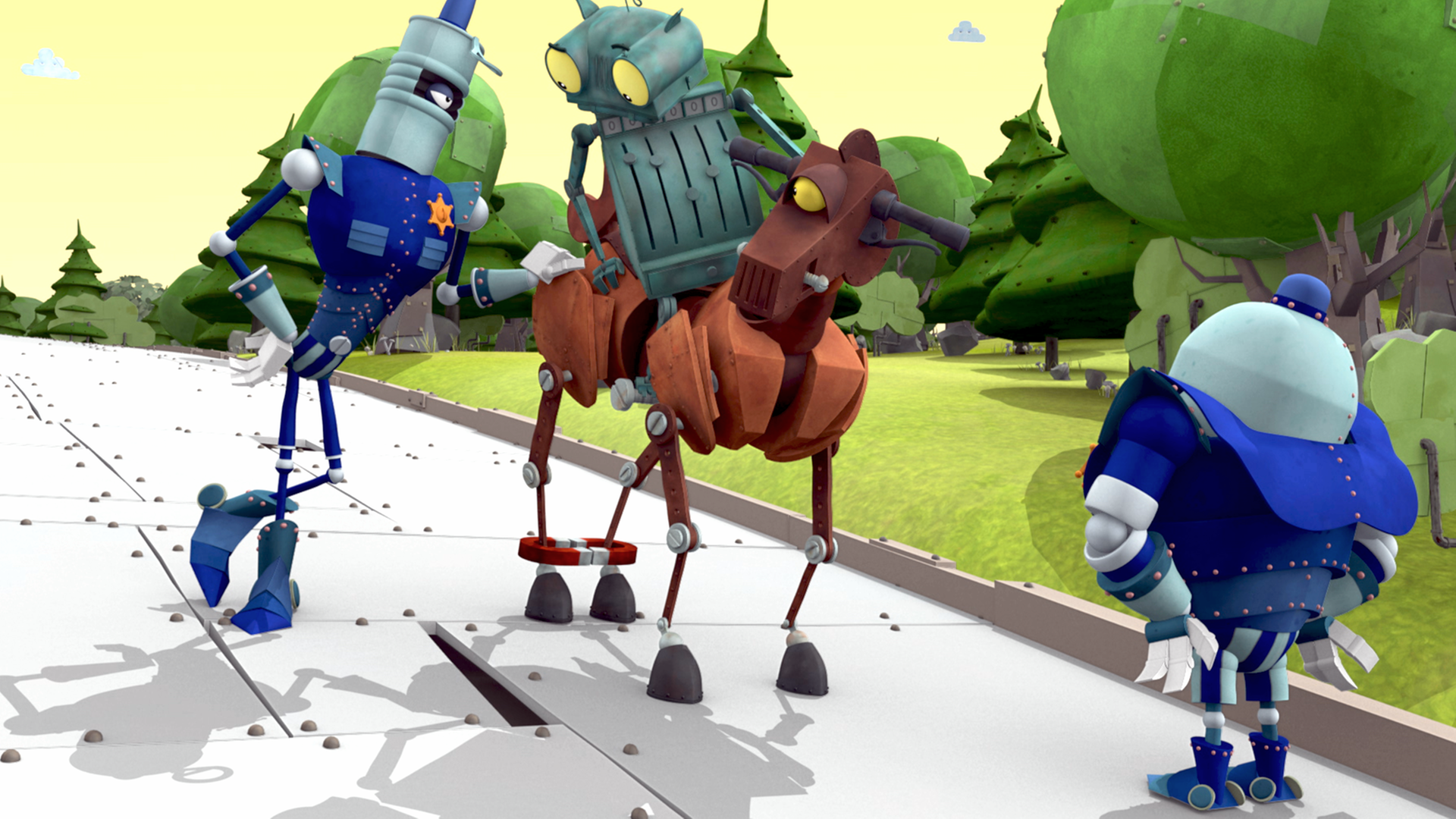 Ritter Rost sitzt auf Pferd Feuerstuhl und redet mit einem Polizisten.