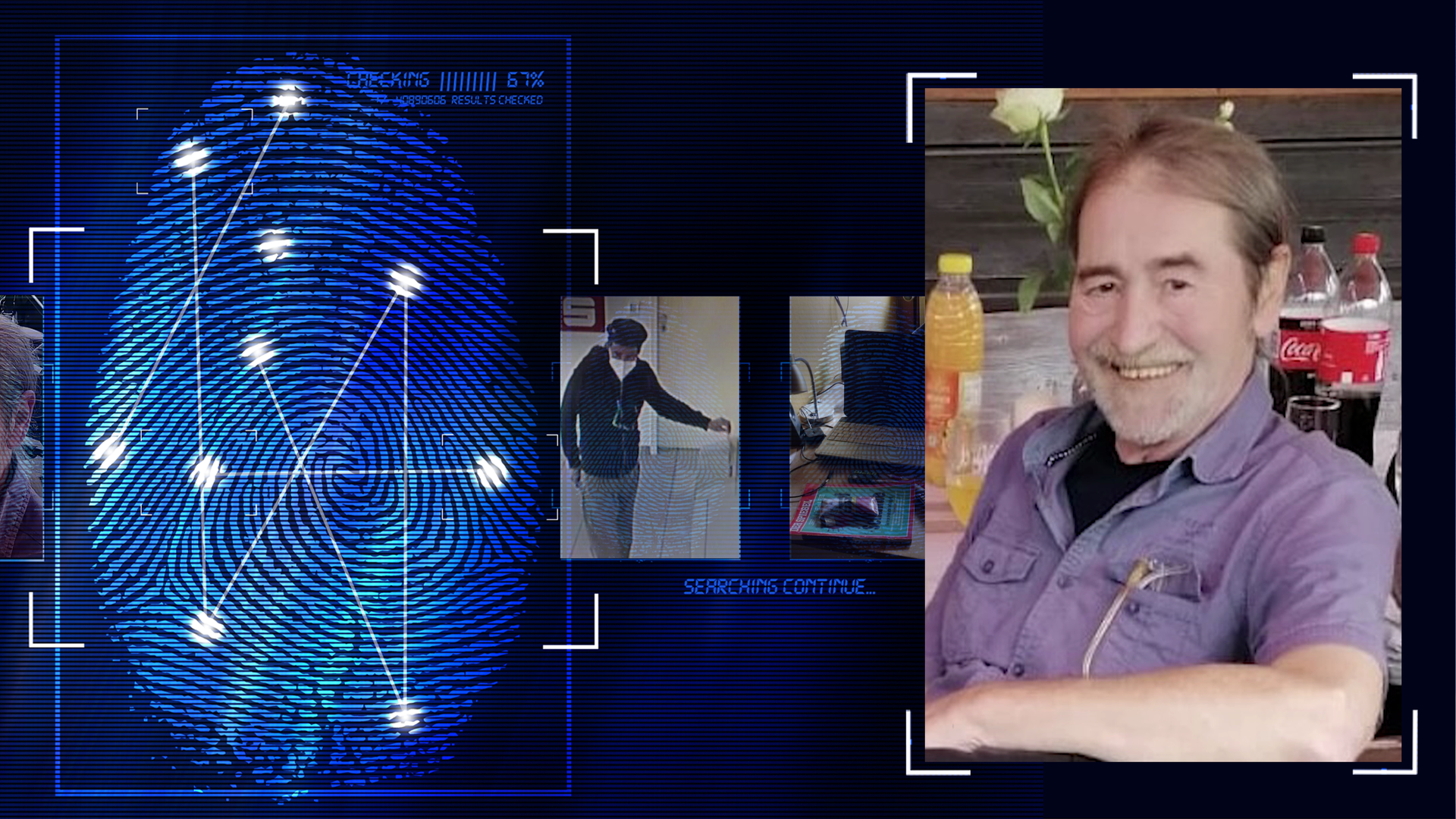 Portraitfoto eines Mannes, Anfang 60, grauer Vollbart, braune Haare. Er trägt ein lila Hemd mit kurzem Arm. In einer der Brusttaschen steckt eine Brille. Er trägt ein schwarzes T-Shirt unter dem Hemd. Im Hintergrund stehen Getränke und eine Blume auf einem Tisch. Hinter dem Tisch befindet sich eine dunkelbraune Holzwand. Links daneben: Lichtschematische Darstellung eines Fingerabdrucks.