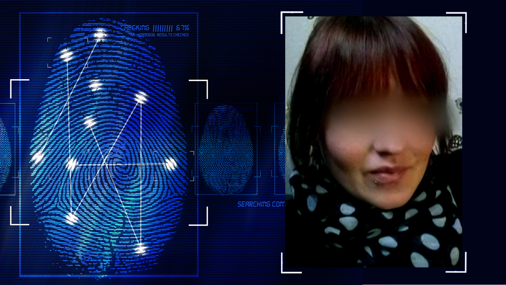 Portraitfoto des Opfers (technisch verfremdet). Links daneben: Lichtschematische Darstellung eines Fingerabdrucks.