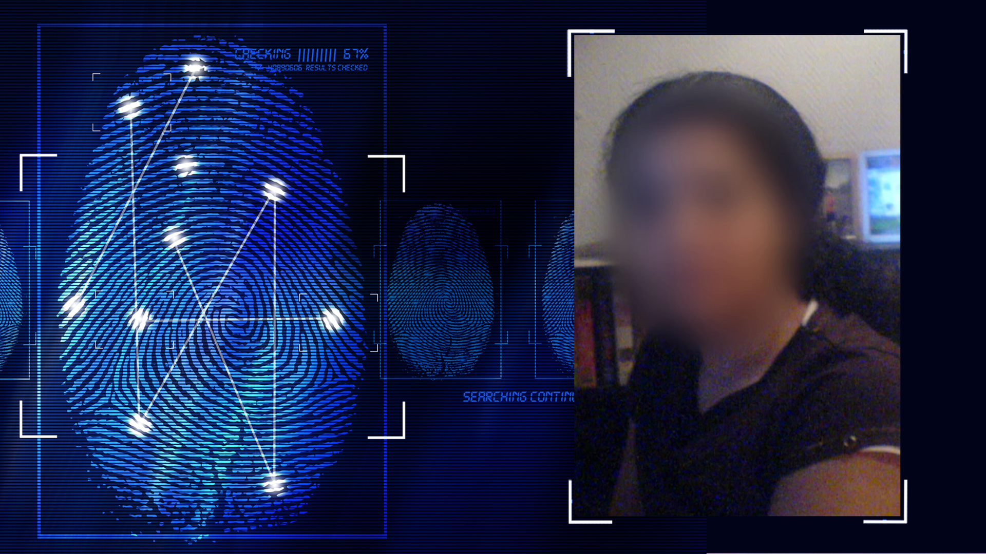 Portraitfoto des Opfers (Gesicht im Bild technisch verfremdet). Links daneben: Lichtschematische Darstellung eines Fingerabdrucks.
