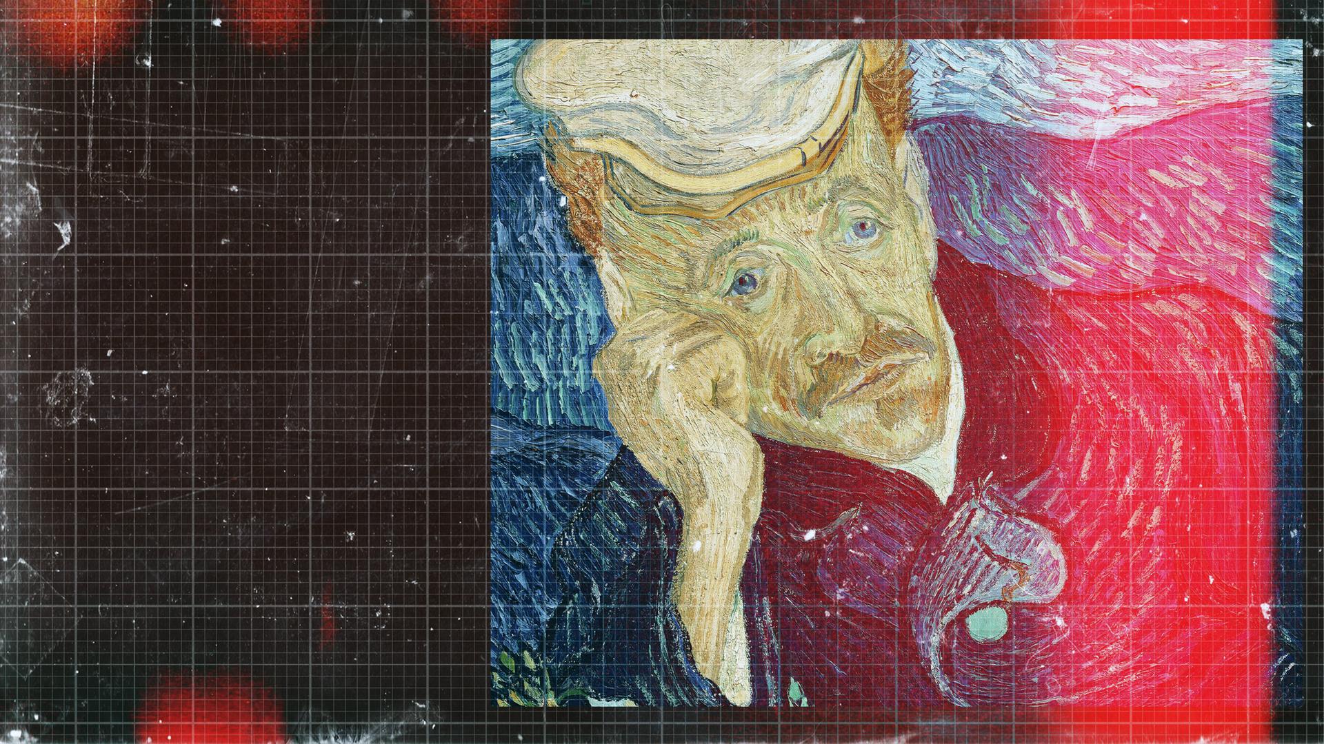 Impressionistisches Gemälde, darauf ein Mann mit Baskenmütze, eingebaut in eine moderne Grafik mit einem roten-Scanner-Streifen und dünnen weißen, quadratischen Linien.