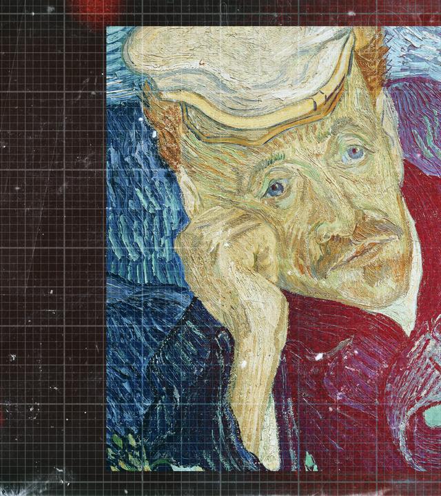 Impressionistisches Gemälde, darauf ein Mann mit Baskenmütze, eingebaut in eine moderne Grafik mit einem roten-Scanner-Streifen und dünnen weißen, quadratischen Linien.