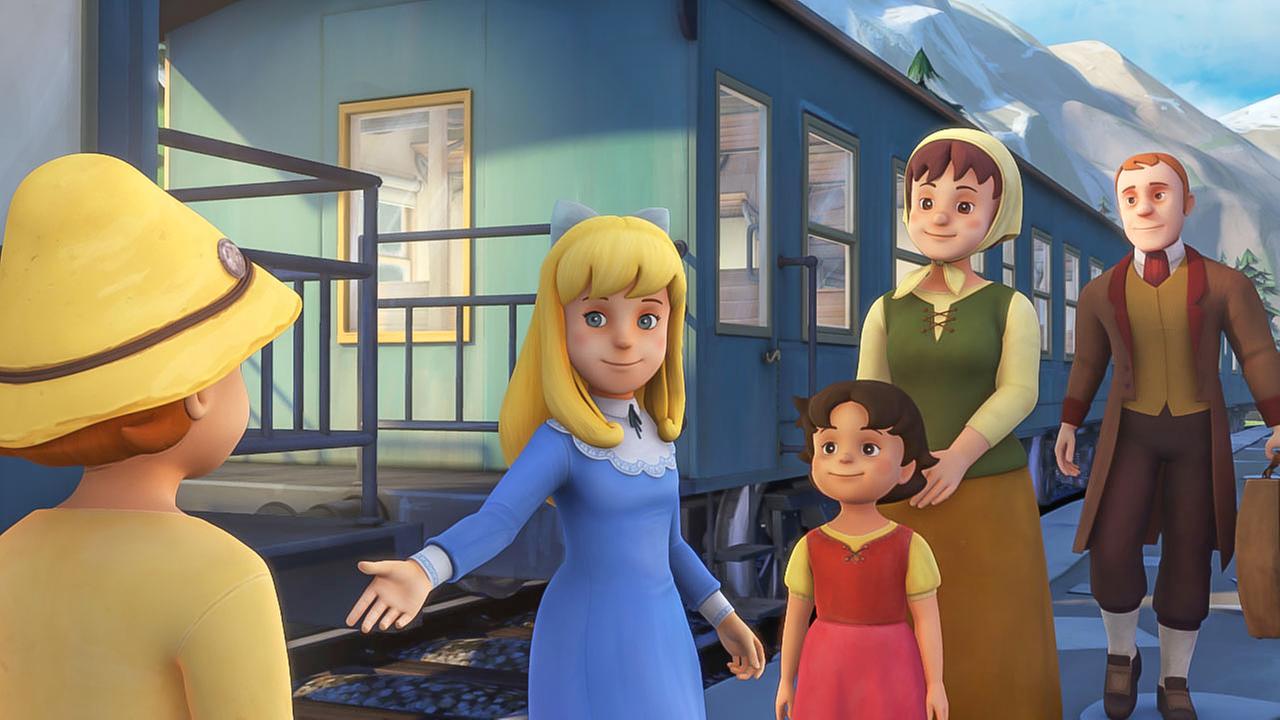 Clara reicht Peter die Hand. Heidi, Tante Dete und Sebastian schauen zu.