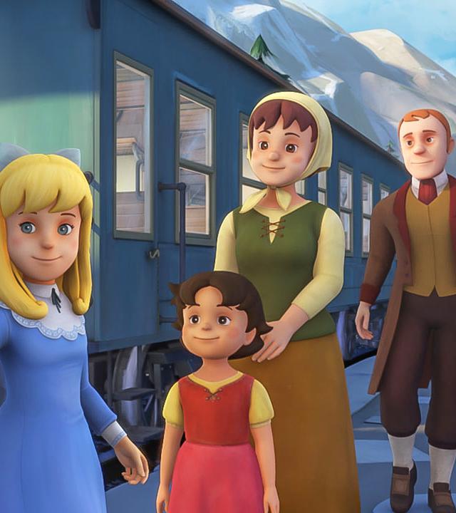 Clara reicht Peter die Hand. Heidi, Tante Dete und Sebastian schauen zu.