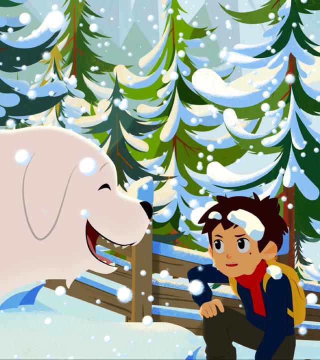 Belle und Sebastian sind draußen im Schnee. Belle lacht.