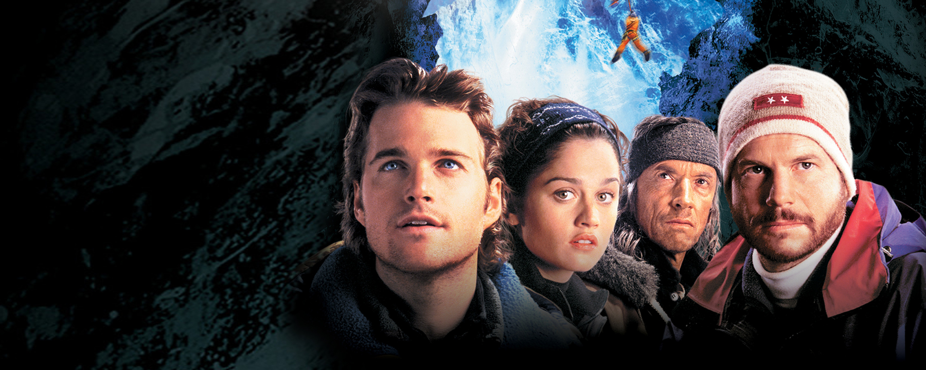 "Vertical Limit - In größter Gefahr": Plakatmotiv mit Großaufnahme von Peter Garrett (Chris O’Donnell), Annie Garrett (Robin Tunney), Montgomery Wick (Scott Glenn) und Elliot Vaughn (Bill Paxton).