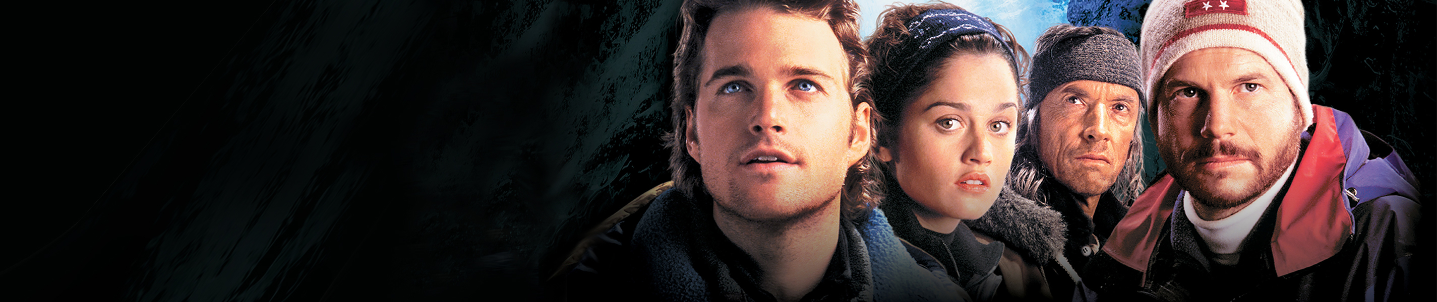 "Vertical Limit - In größter Gefahr": Plakatmotiv mit Großaufnahme von Peter Garrett (Chris O’Donnell), Annie Garrett (Robin Tunney), Montgomery Wick (Scott Glenn) und Elliot Vaughn (Bill Paxton).