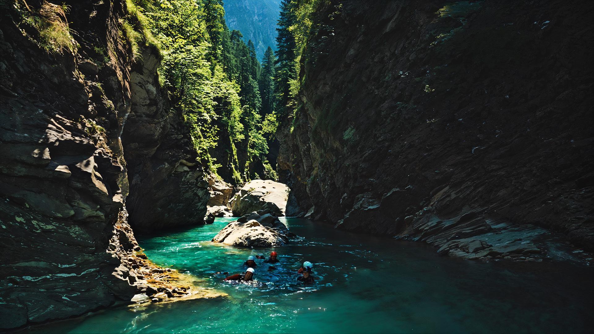 Eine Canyoning-Gruppe schwimmt durch die türkisfarbenen Gewässer der Viamala-Schlucht, umgeben von steilen, felsigen Klippen und üppiger Vegetation, ein lebendiges Beispiel für die Naturschönheiten der Schweiz.