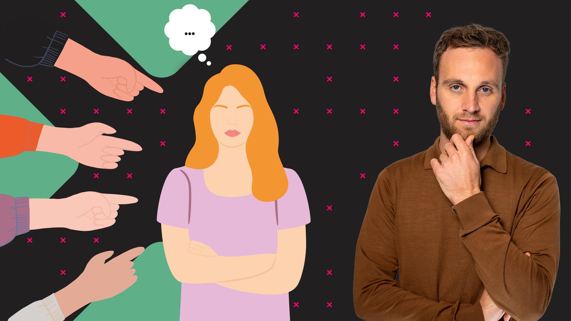 Dr. Leon Windscheid schaut in Denkerpose in die Kamera. Neben ihm zeigt eine Grafik eine Frau mit verschränkten Armen und Hände die mit ausgestrecktem Finger auf sie zeigen.