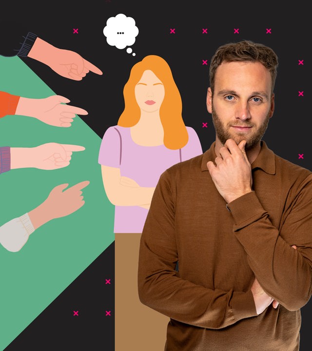 Dr. Leon Windscheid schaut in Denkerpose in die Kamera. Neben ihm zeigt eine Grafik eine Frau mit verschränkten Armen und Hände die mit ausgestrecktem Finger auf sie zeigen.