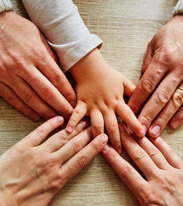 Fünf Hände kommen von unterschiedlichen Seiten ins Bild und berühren sich in der Mitte. Die Hände eines Mannes, einer Frau und eine Kinderhand.
