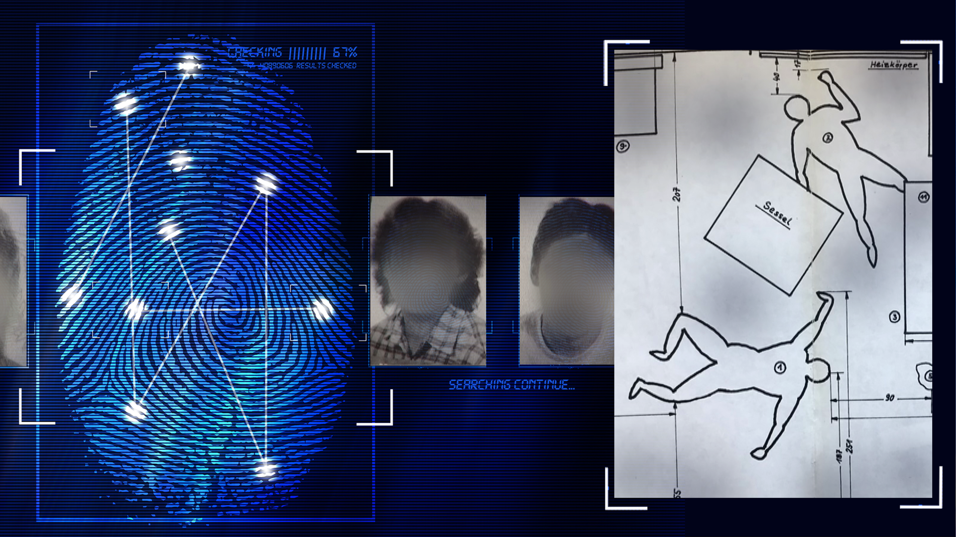 Tatortskizze der Polizei. Zwei Körper auf dem Boden liegend sind eingezeichnet. Im Hintergrund in klein weitere Bilder aus der Polizeiakte. Links daneben: Lichtschematische Darstellung eines Fingerabdrucks.