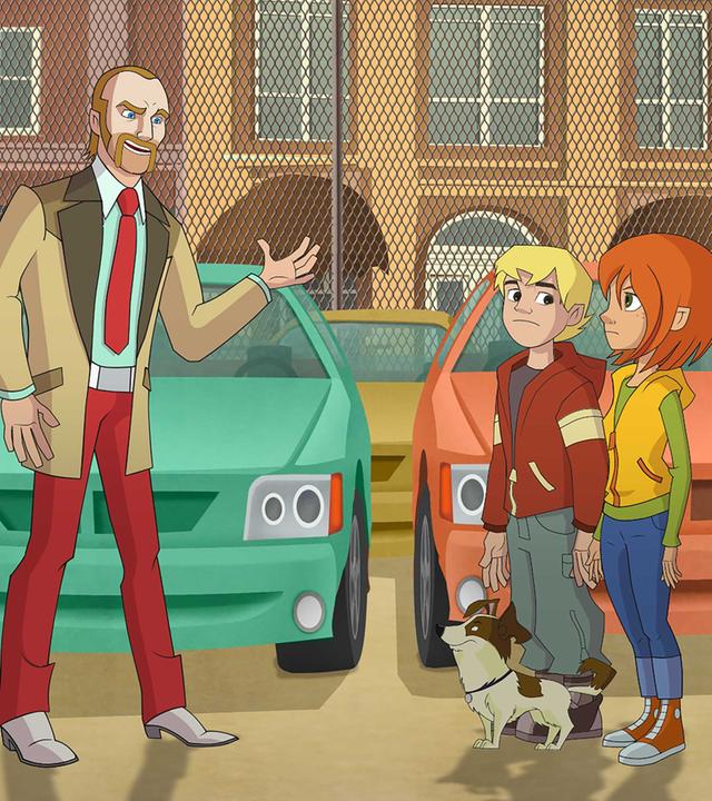 Kalle, Dandy und Steffi stellen den Autohändler vor seinen Autos zur Rede.