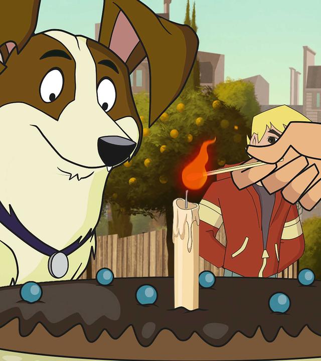 Dandy sitzt vor seinem Kuchen und schaut lächelnd auf die brennende Kerze.