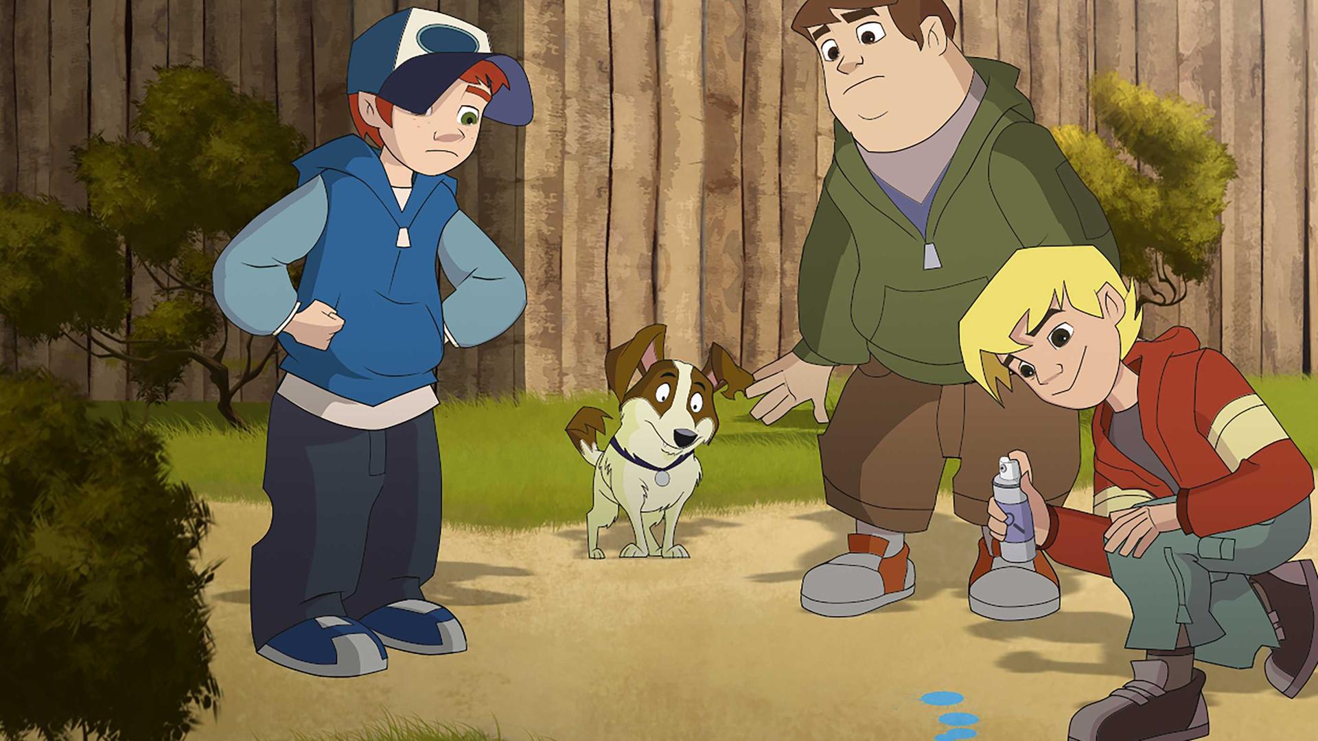 Die Freunde sind auf Spurensuche und Kalle sprüht etwas auf den Boden.