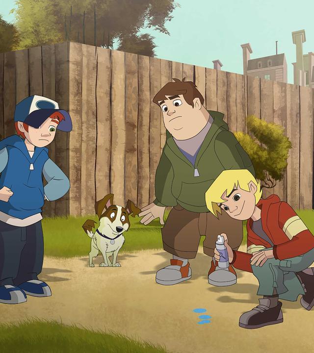 Die Freunde sind auf Spurensuche und Kalle sprüht etwas auf den Boden.