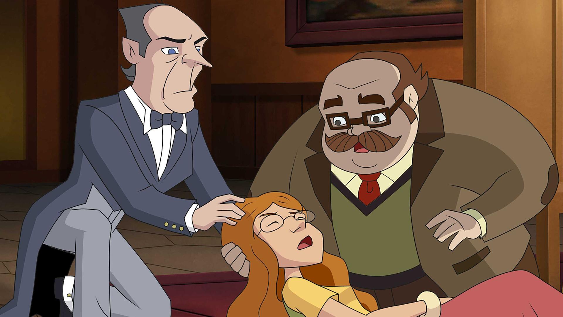 Die Lehrerin liegt krank auf dem Boden. Zwei Männern heben ihren Kopf an und stützen sie.