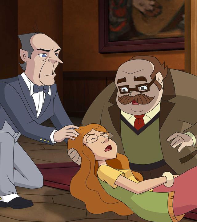 Die Lehrerin liegt krank auf dem Boden. Zwei Männern heben ihren Kopf an und stützen sie.