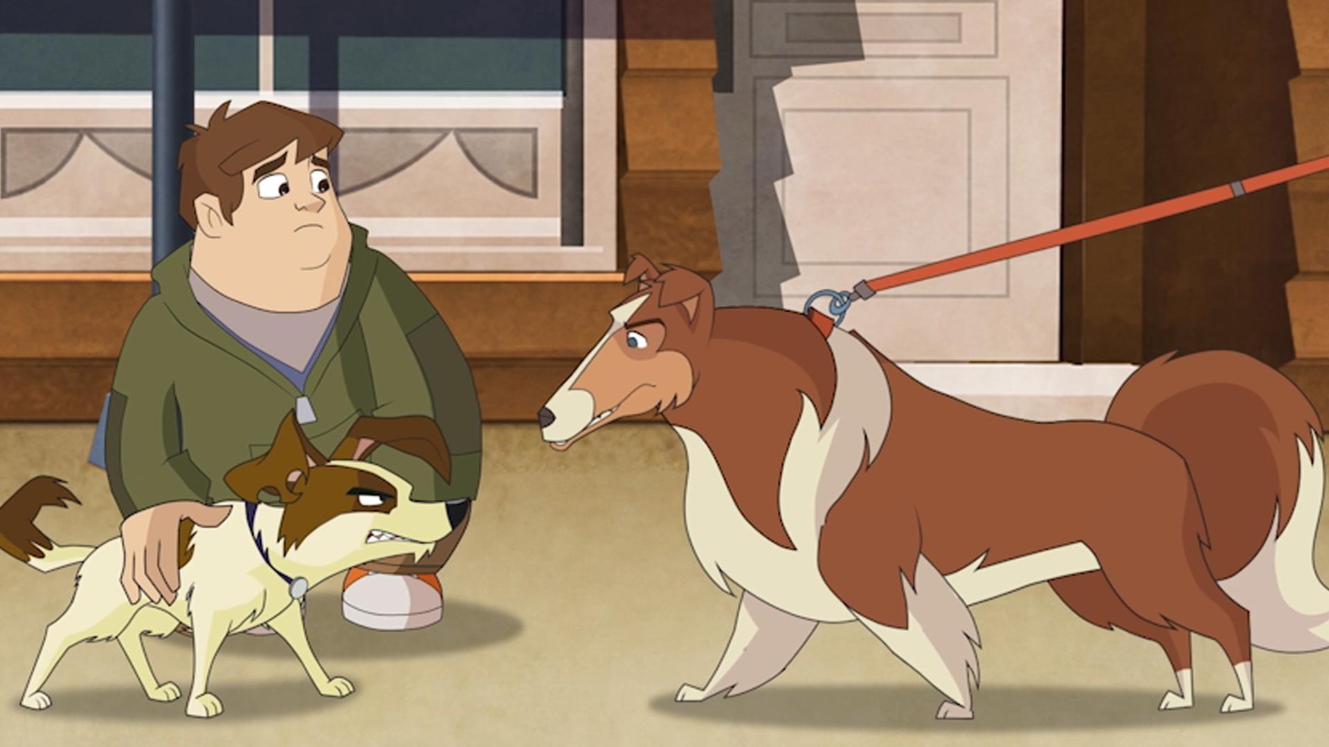 Hasso und Dandy knurren sich an während Fred unsicher daneben steht.
