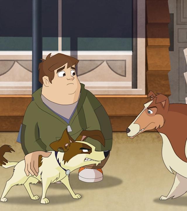 Hasso und Dandy knurren sich an während Fred unsicher daneben steht.