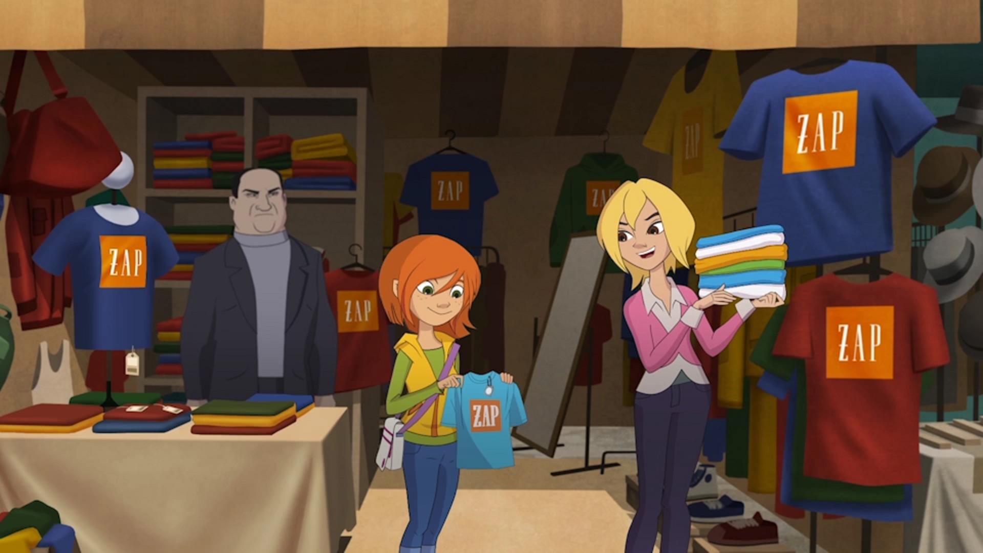 Steffi schaut sich am Flohmarktstand ein T-Shirt genauer an. Die Verkäuferin steht mit einem Stapel Shirts auf dem Arm daneben.