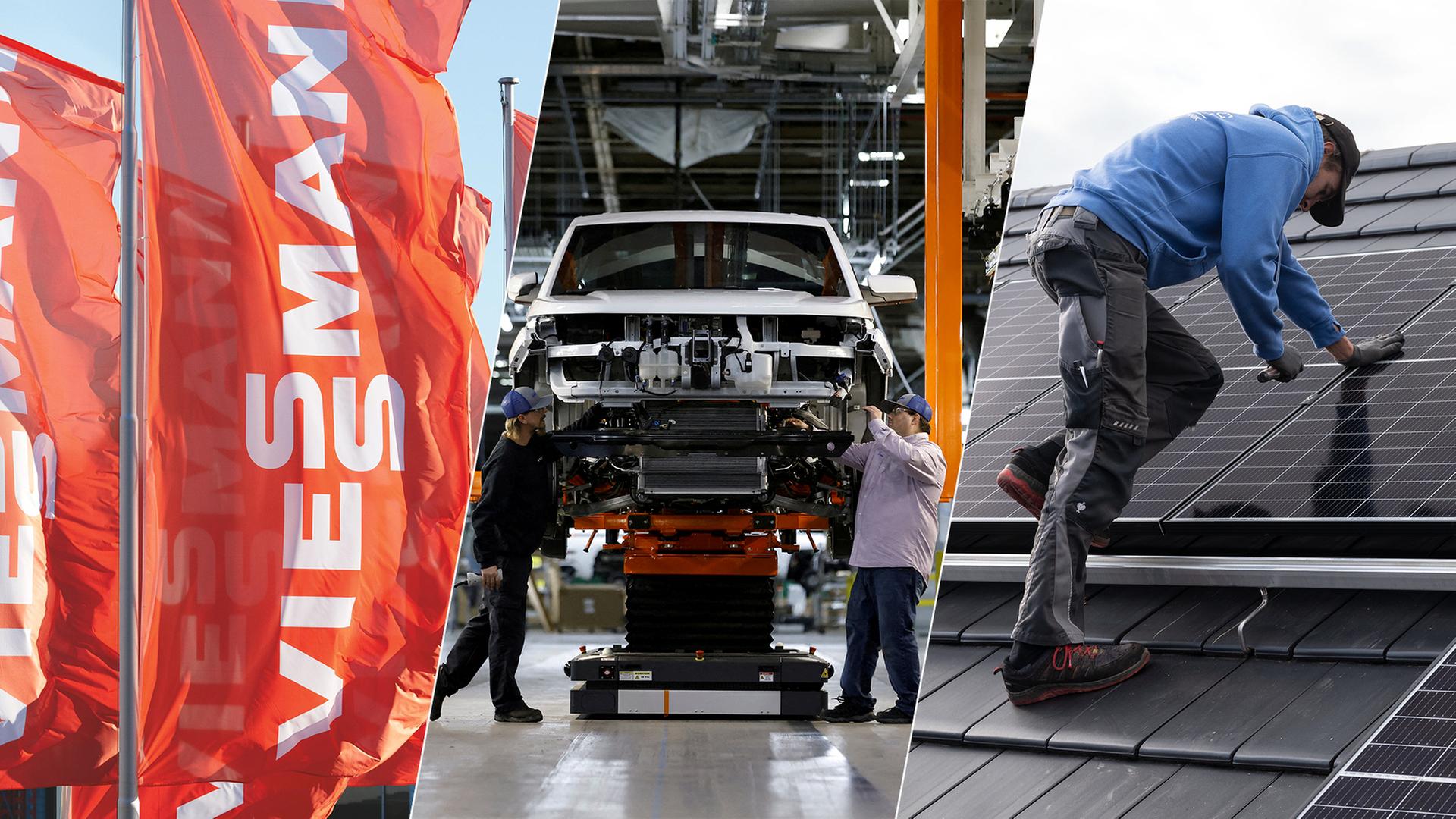 von links nach rechts: Flaggen mit dem Firmenlogo von Viessmann, Arbeiter an einem Auto, Handwerker auf Solardach