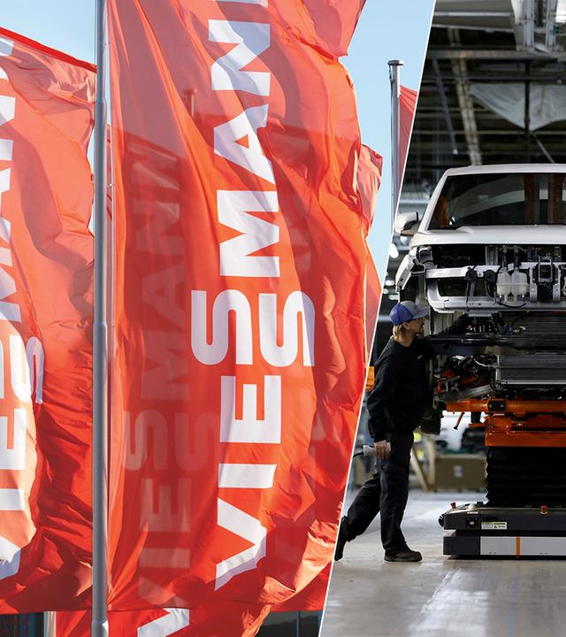 von links nach rechts: Flaggen mit dem Firmenlogo von Viessmann, Arbeiter an einem Auto, Handwerker auf Solardach