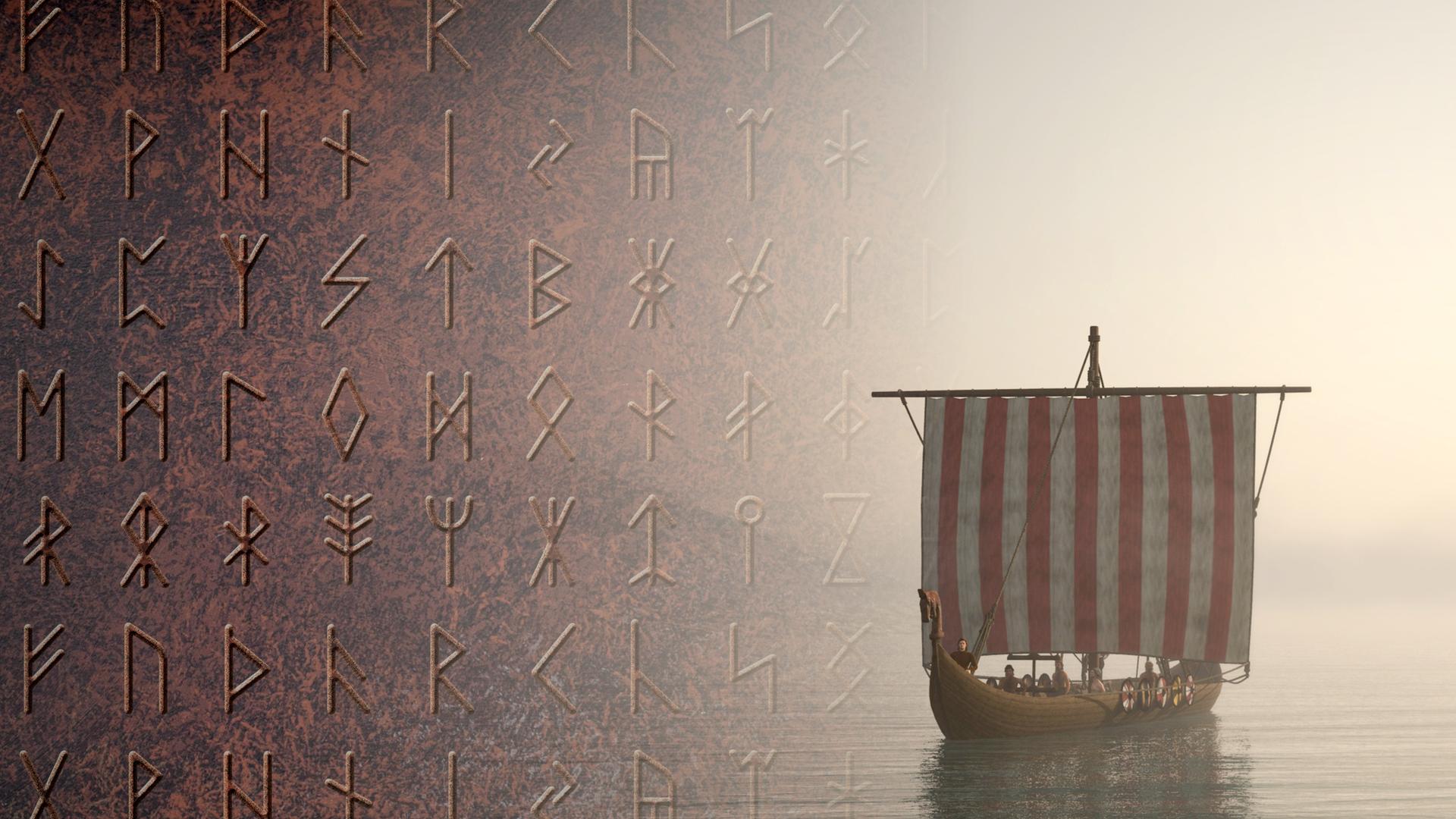 Montage: Links eine alte Tafel mit Wikingerrunen; Rechts drei Schiffe, die in Küstennähe auf dem Meer fahren.