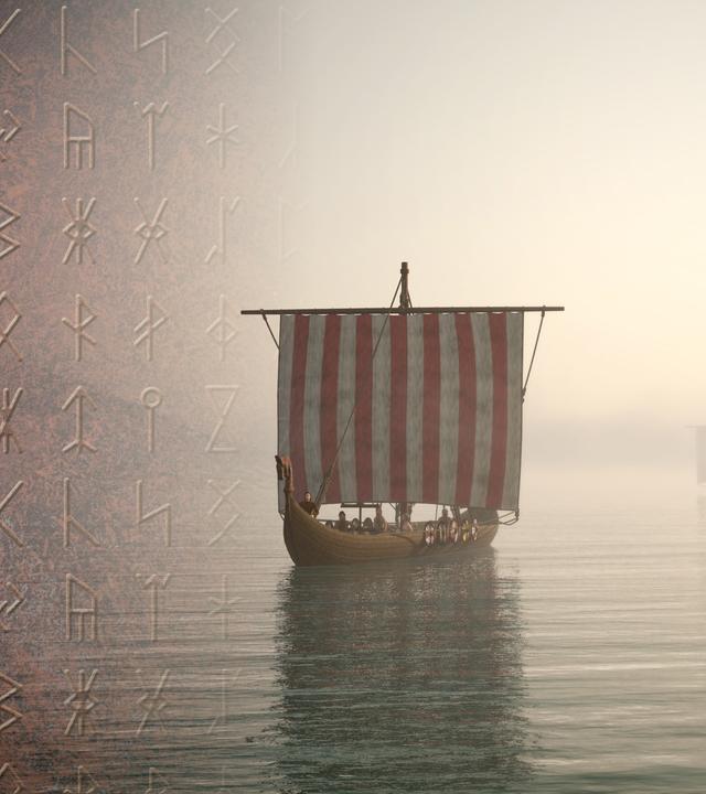 Montage: Links eine alte Tafel mit Wikingerrunen; Rechts drei Schiffe, die in Küstennähe auf dem Meer fahren.