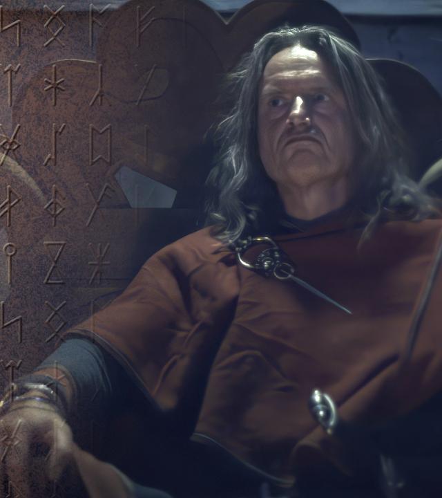 Montage: Links eine alte Tafel mit Wikingerrunen; Rechts ein Mann mit langem Haar auf einem hölzernen Thron, er blickt grimmig und entschlossen.