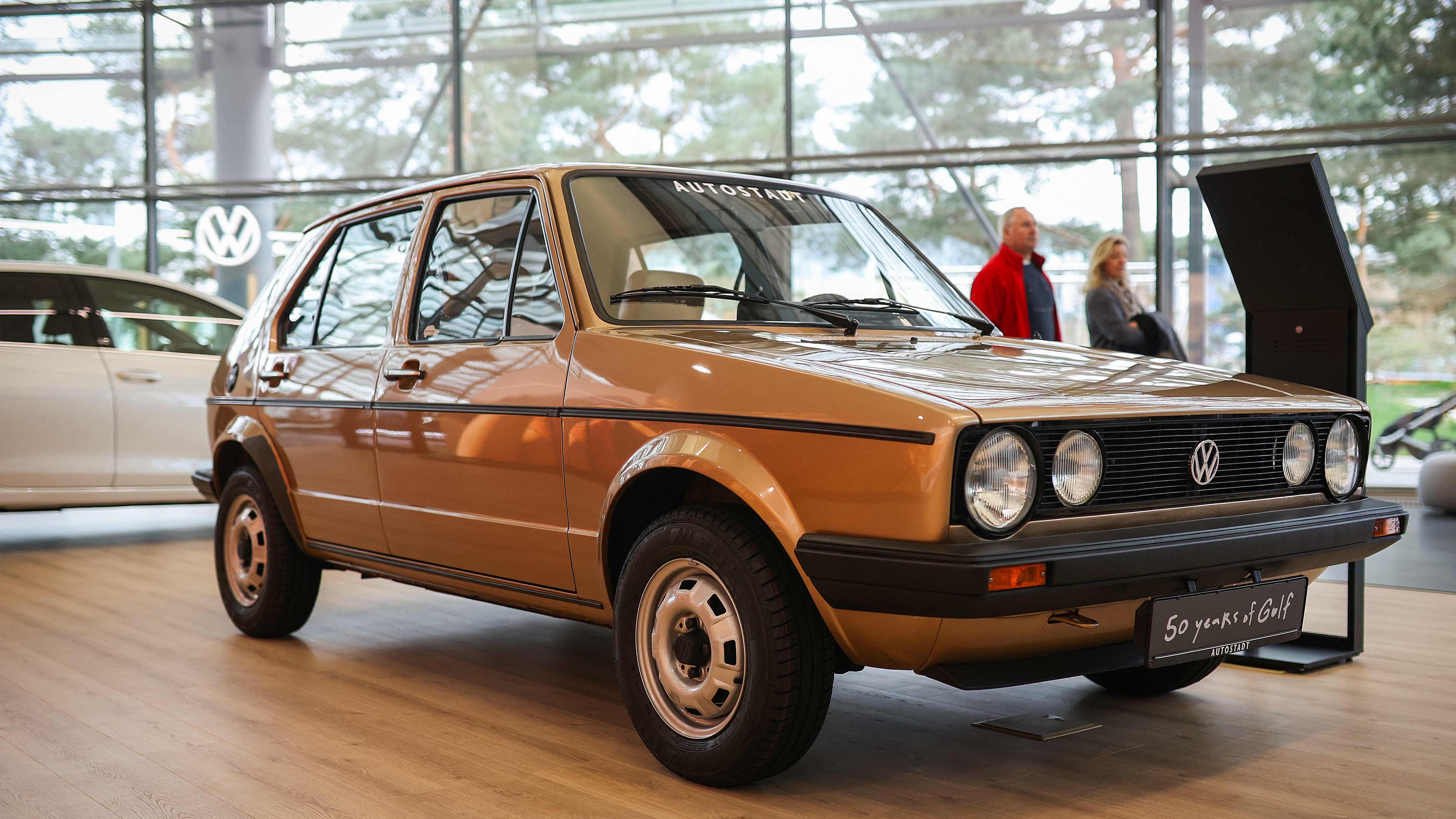 A first-generation Volkswagen Golf car (built in 1976) is pictured at the headquarters of German carmaker Volkswagen (VW) in Wolfsburg, northern Germany on March 28, 2024.